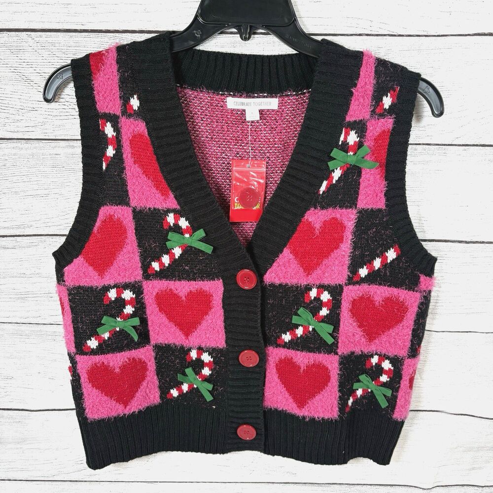 Celebrate Together Ugly Christmas Sweater Vest Sz L Pink Red Candy Canes Bows